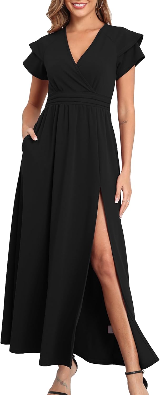 Elegant V Neck Side Slit Formal Dress for Women with Pockets