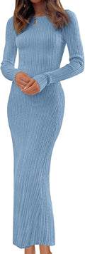 MEROKEETY Women's Long Sleeve Ribbed Knit Maxi Dress - Slim Fall