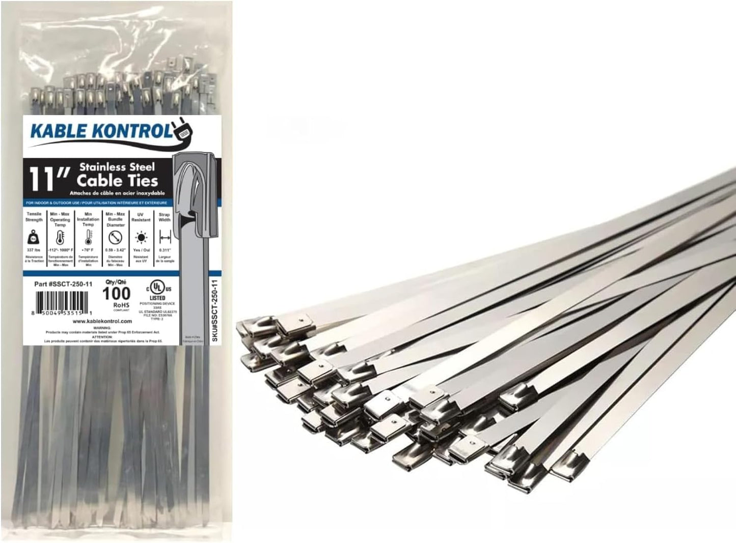 Kable Kontrol Metal Zip Ties 11 Inch 100 Pcs for Heavy Duty Use