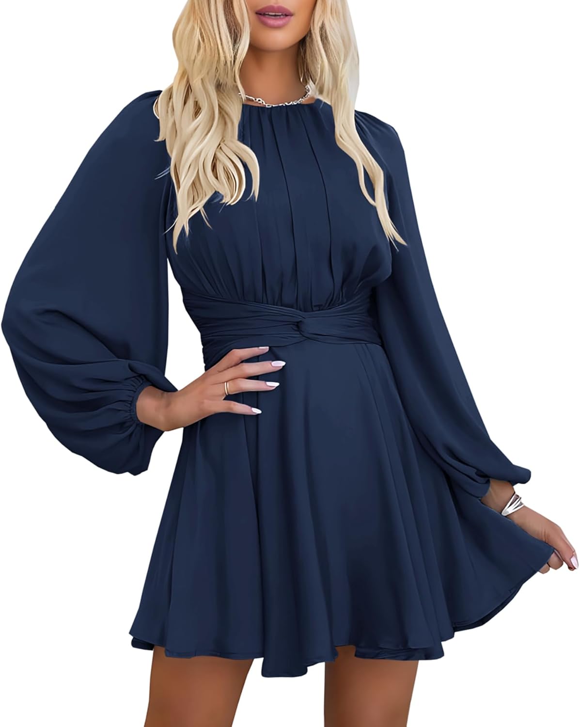Elegant Satin Long Sleeve Wrap Tie Waist Mini Dress for Women