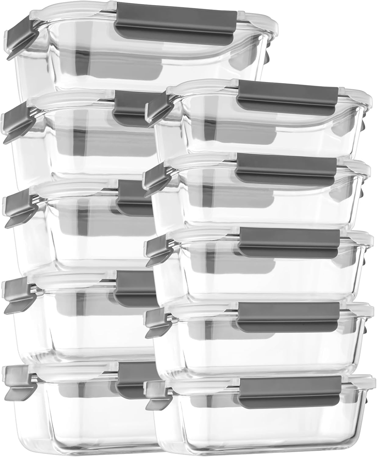 10 Pack Glass Meal Prep Containers with Snap Locking Lids