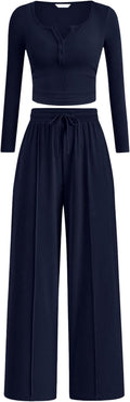 Women's Ribbed 2 Piece Lounge Set - Henley Crop Top & Wide Leg Pants