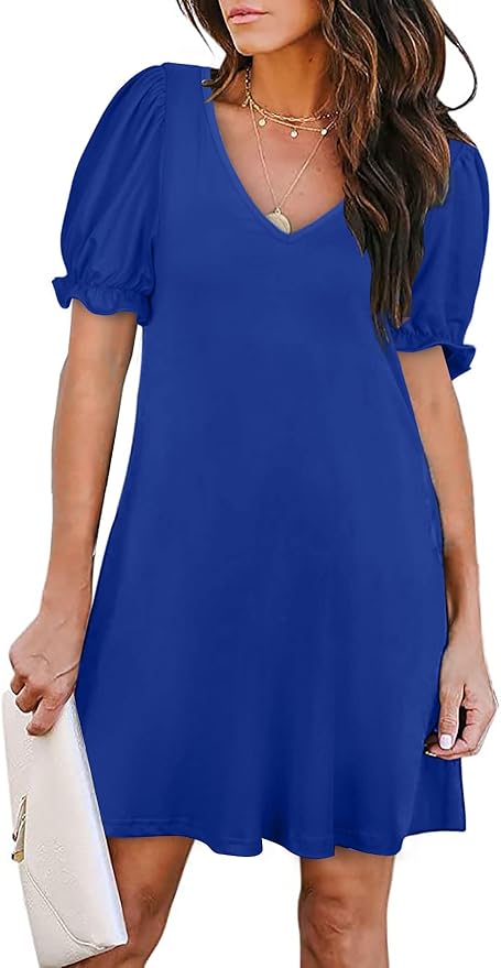Aloodor Women's Casual Short Sleeve V-Neck Dress with Pockets