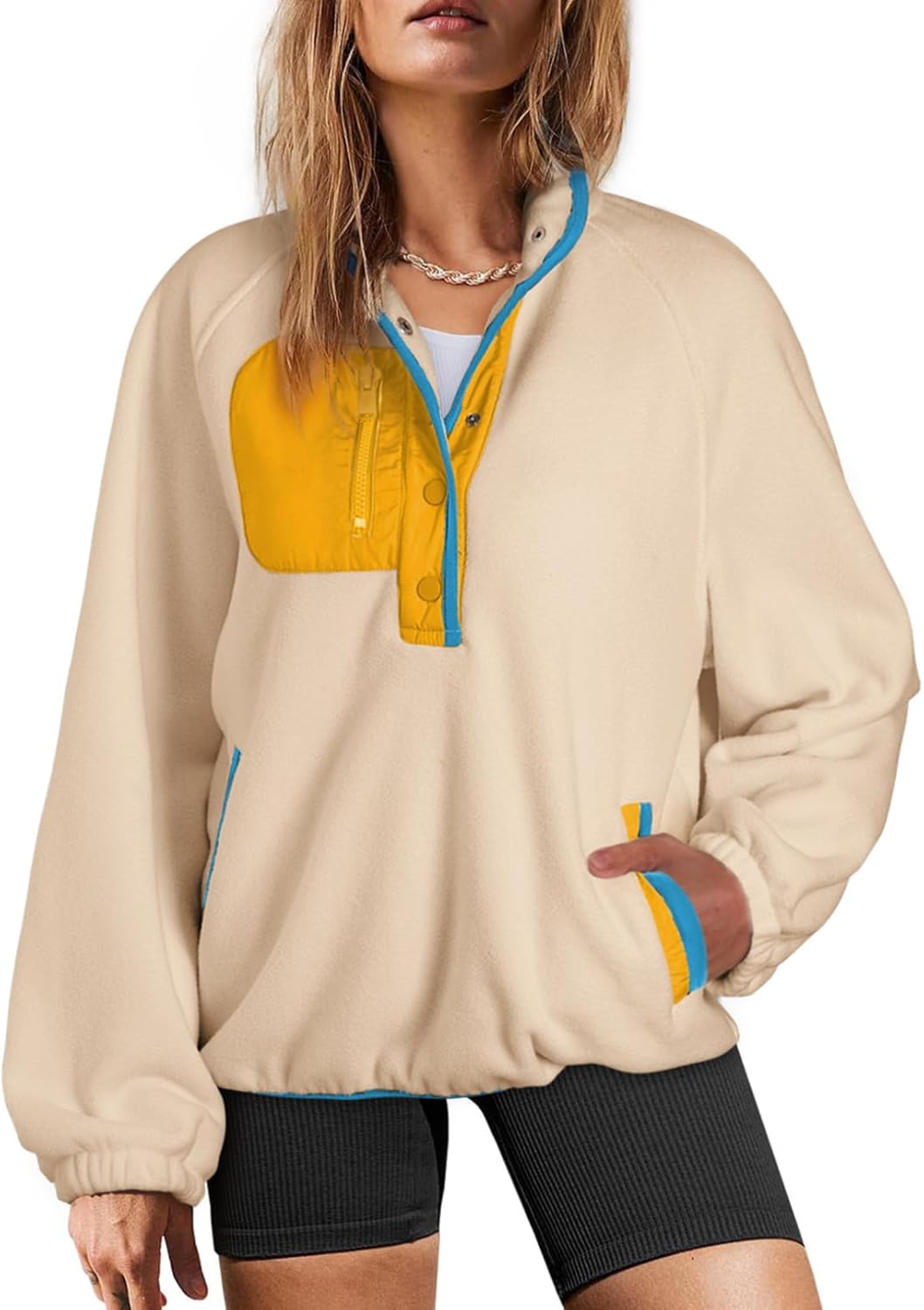 Dokotoo Oversized Fuzzy Fleece Jacket for Women in Color Block