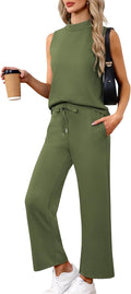 Women's Summer 2 Piece Outfits Mock Neck Tank Top & Pants Set