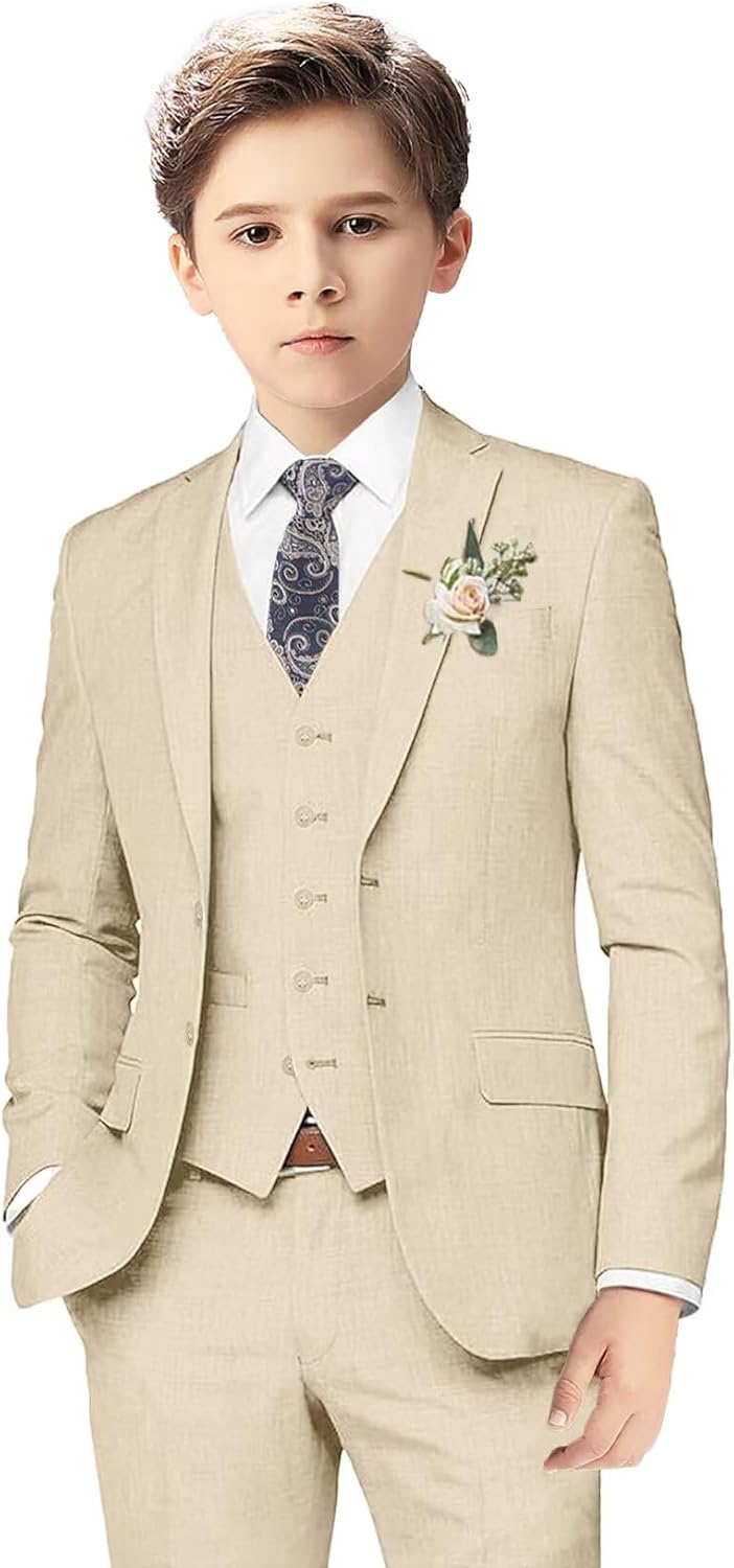 Boys Linen Suits for Kids Summer Slim Fit 3 Piece Outfit