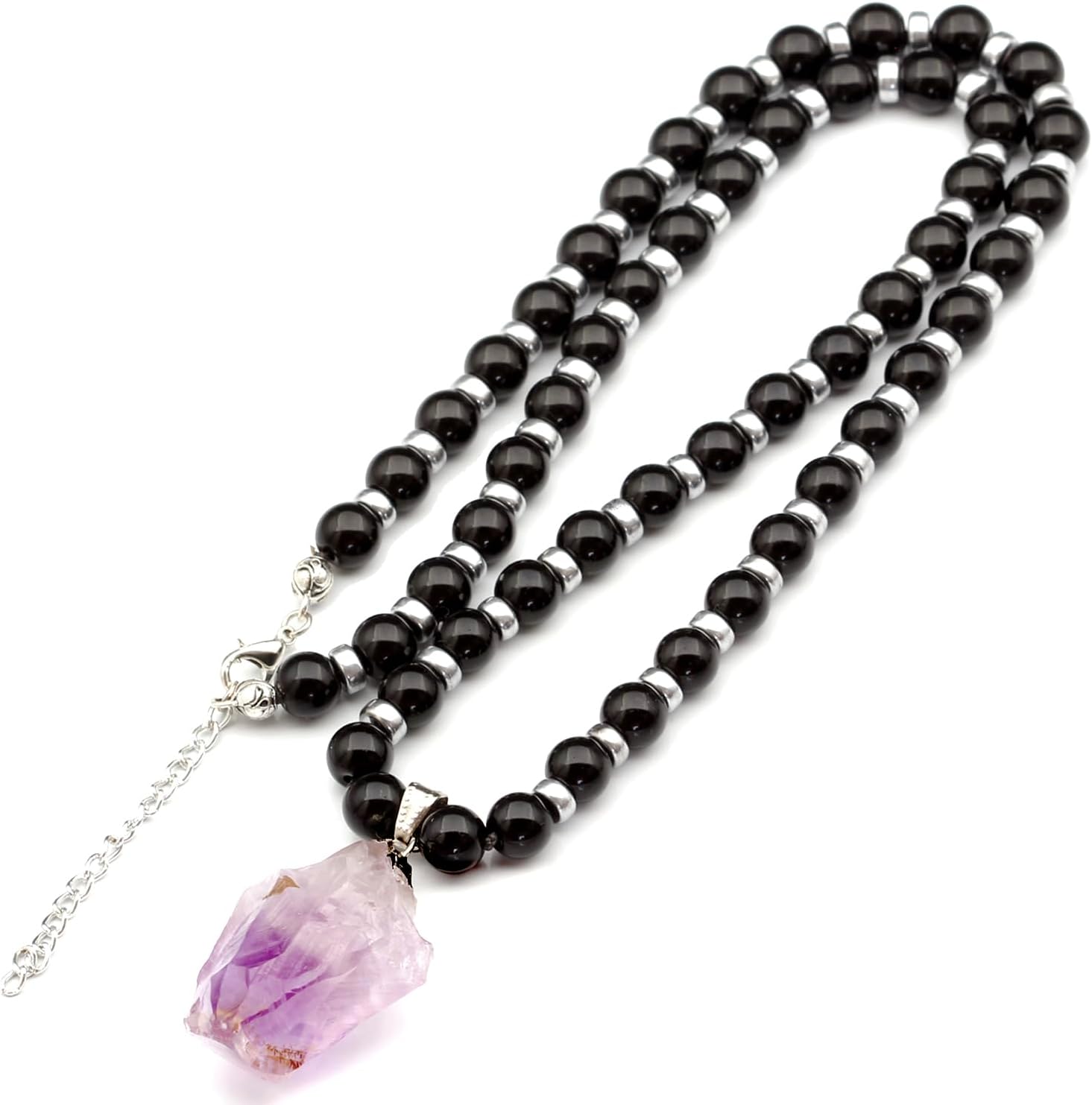 Natural Raw Tourmaline Pendant with Black Onyx Beaded Necklace