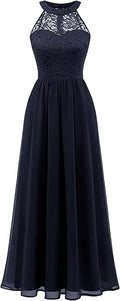 Women's Sleeveless Halter Floral Lace Formal Dress - Flowy A-line Maxi