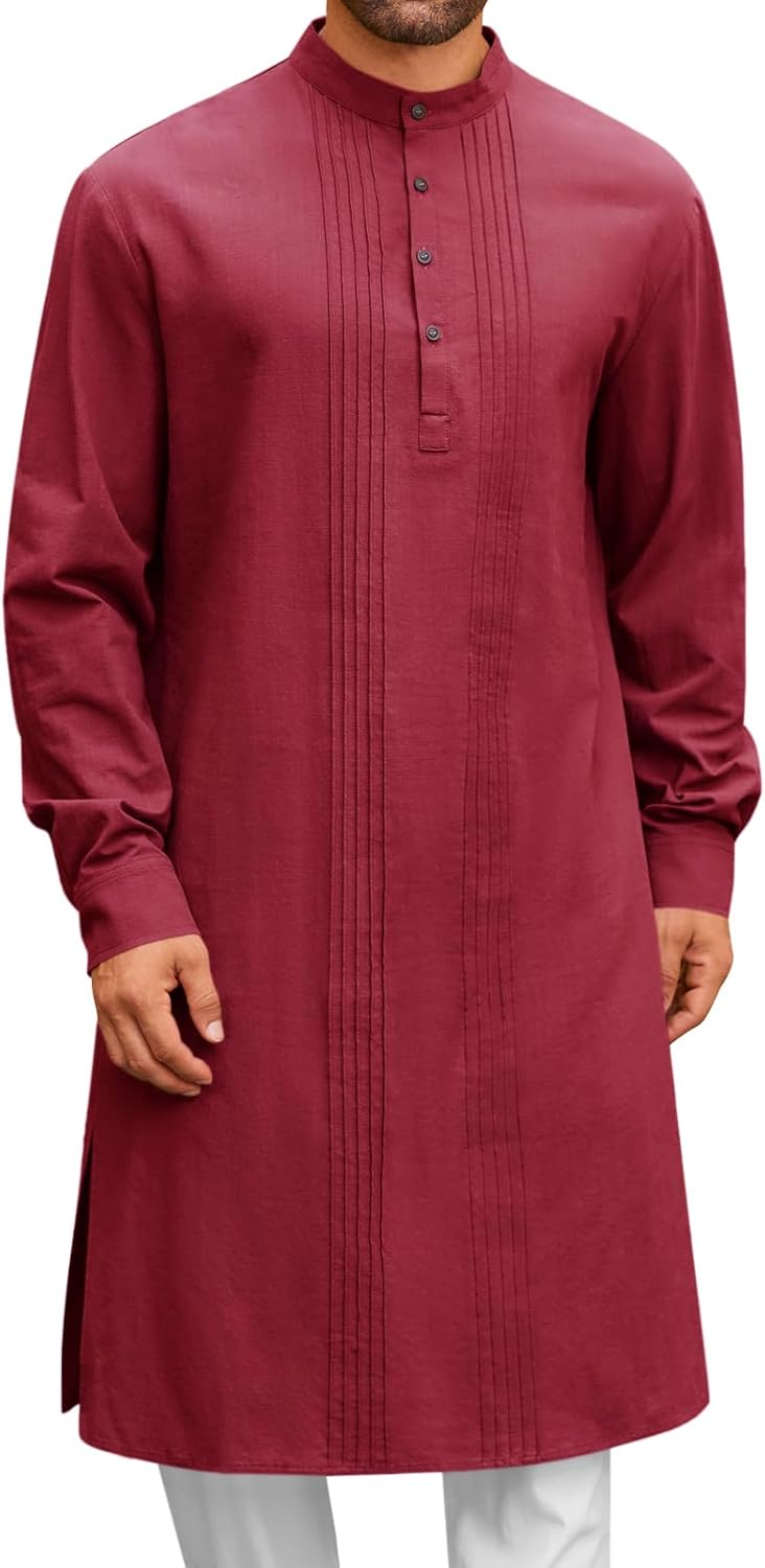 Runcati Mens Kaftan Robe Button Down Long Sleeve Cotton Linen