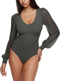 REORIA Womens Mesh Long Sleeve Bodysuit - Slimming V Neck Top Women's