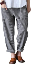 Minibee Women's Wide Leg Harem Pants Cotton Linen Striped Casual