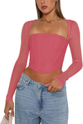 REORIA Womens Mesh Long Sleeve Boned Corset Top - Y2K Square Neck