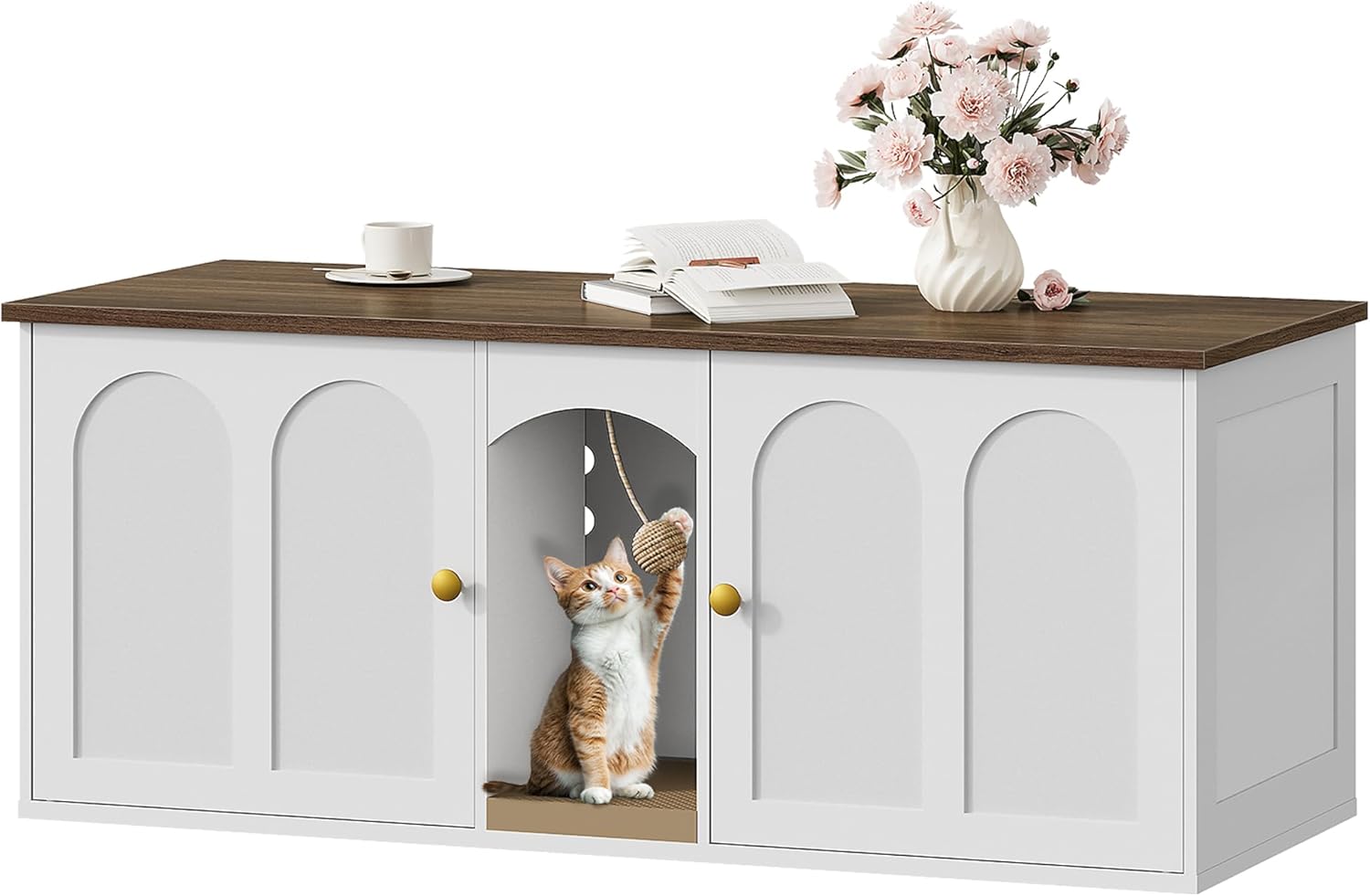 Double Cat Litter Box Enclosure with Scratching Board and Ball