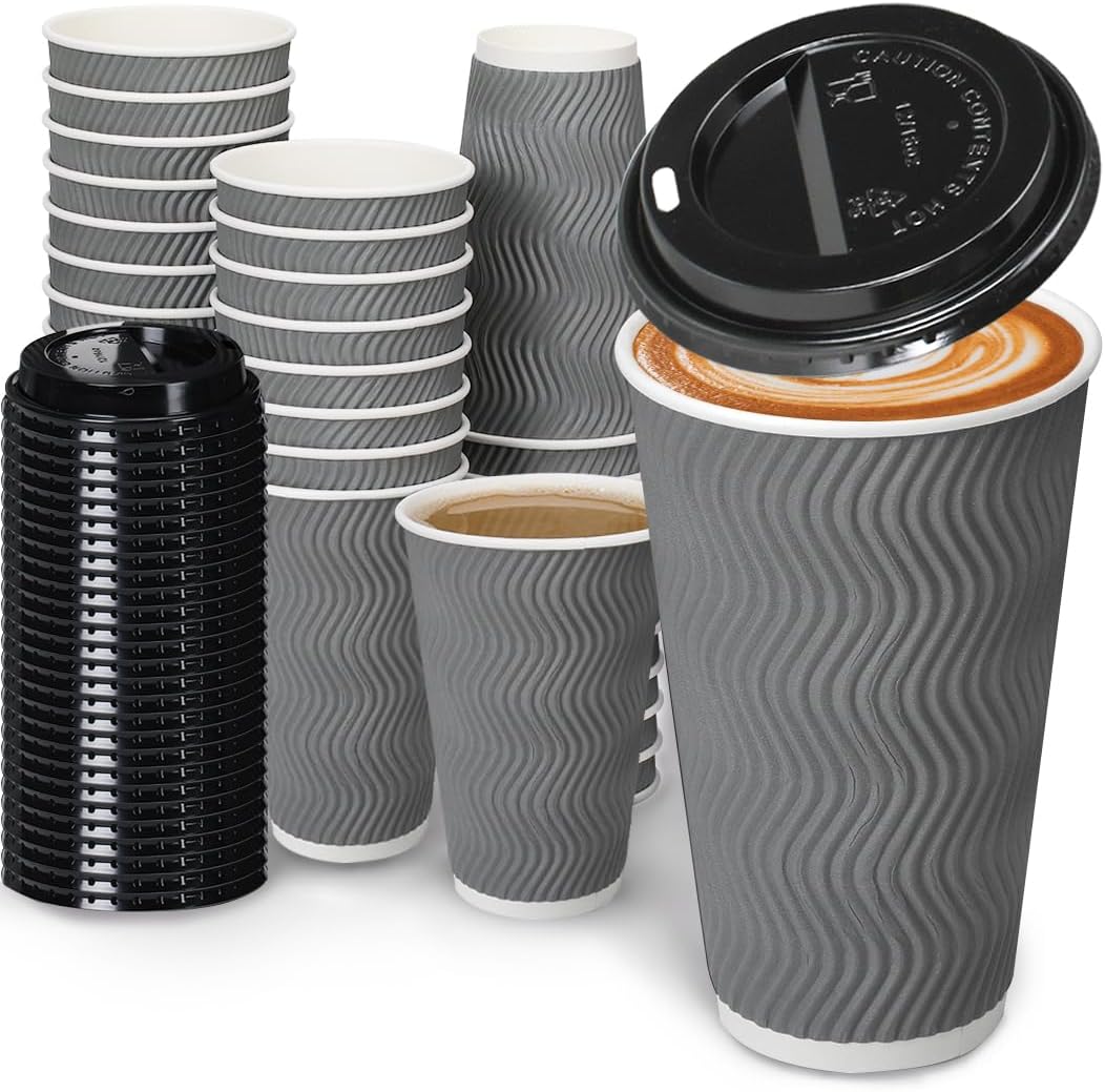 100 Pack Insulated Ripple Coffee Cups, Gray, 16oz