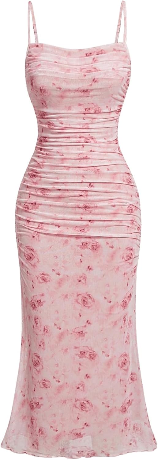 GORGLITTER Women's Floral Ruched Bodycon Midi Dress for All Occasions
