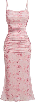 GORGLITTER Women's Midi Dress Featuring Floral Ruched Style
