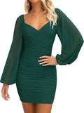 ZESICA V Neck Ruched Bodycon Mini Dress - Flattering Sheer Puff Sleeve
