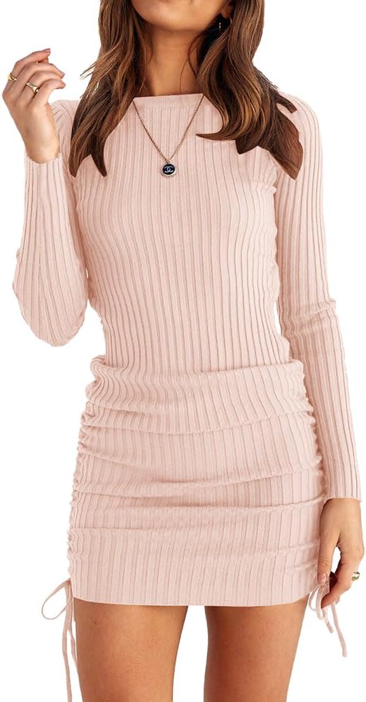 OWIN Women's Long Sleeve Bodycon Mini Dress with Ruched Drawstring