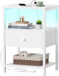 BOLUO White Nightstand with Charging Station - Modern LED Bedside