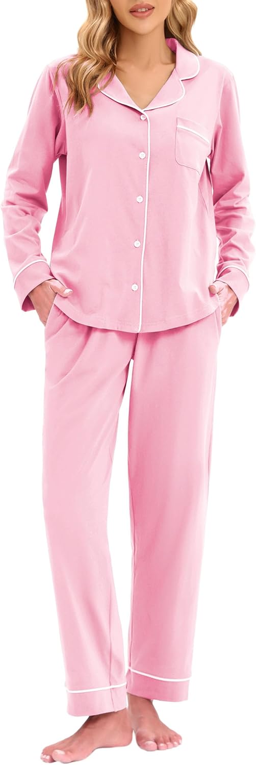 LUBOT 100% Cotton Pajamas for Women - Soft Button-Down Set