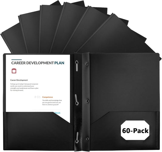 60-Pack Plastic Folders with Pockets and Prongs for School