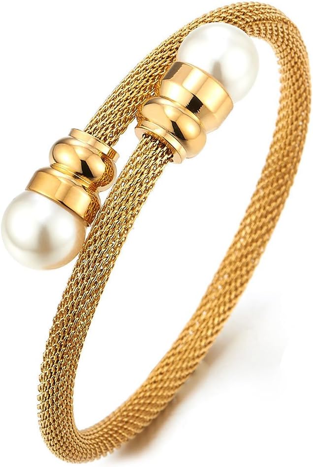 Gold Twisted Cable Cuff with Pearl