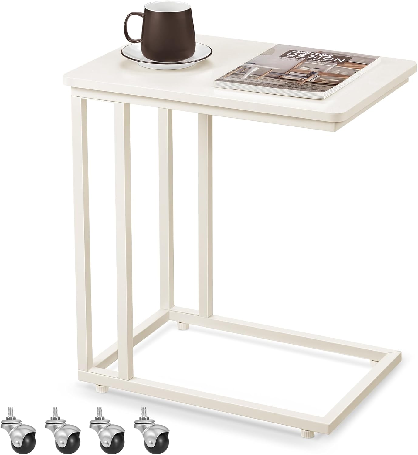 VASAGLE C Shaped End Table with Wheels for Living Room Use