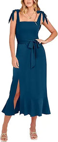 Women's Square Neck Ruffle Split Midi Formal Summer Dress - Elegant