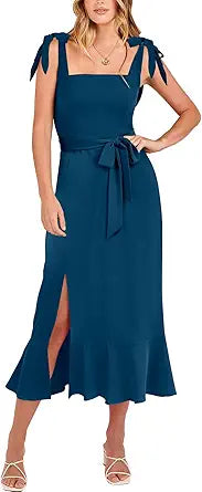 Elegant Women's Square Neck Ruffle Split Midi Dress for Events