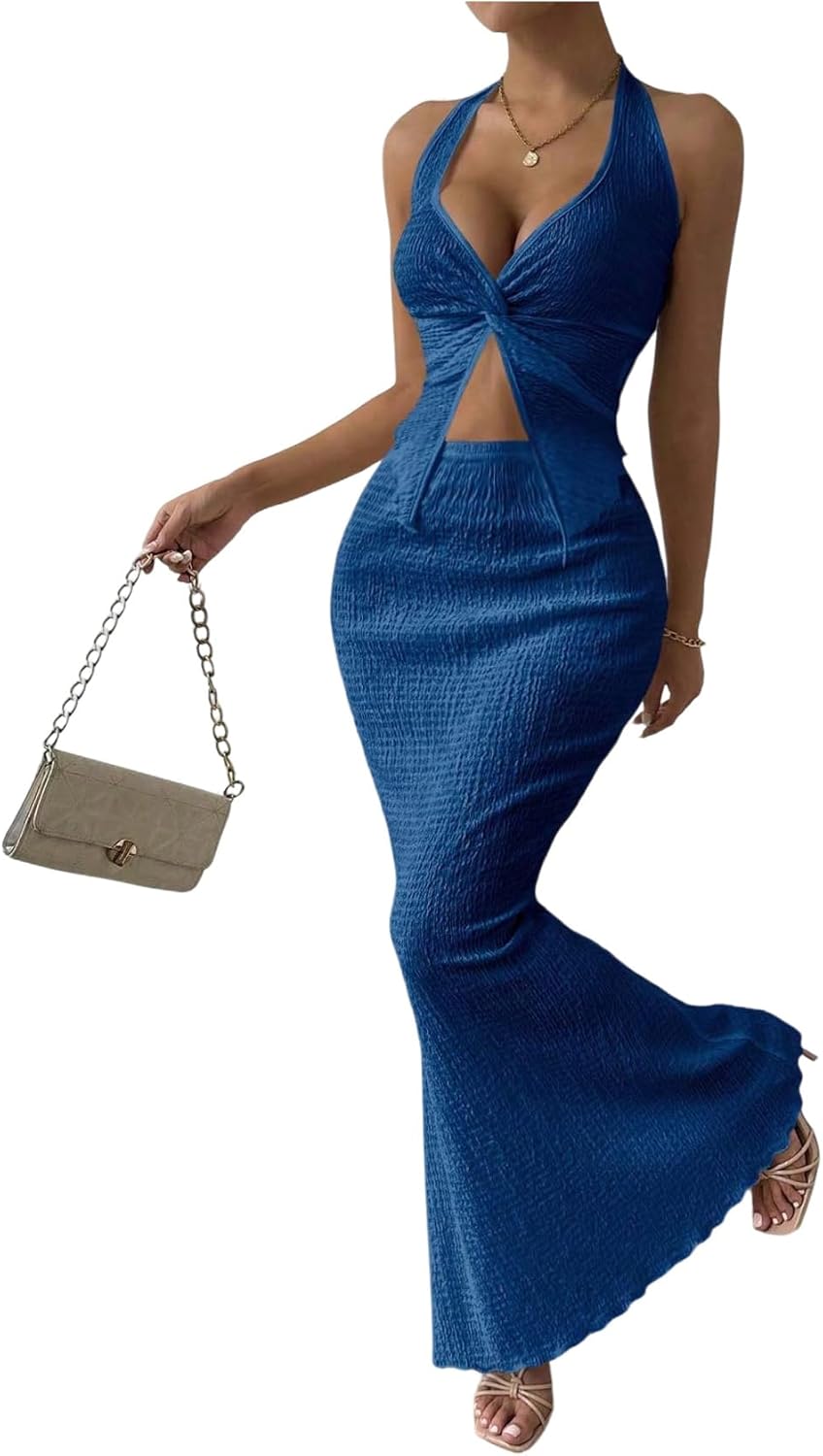 Stylish Women's Two Piece Outfits with Twist Front Halter Design