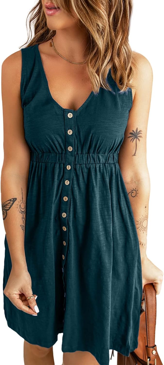 Acelitt Women Summer Casual Sleeveless Button Down Dresses