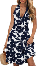 Wkior Womens Halter Neck Boho Floral Midi Dress - With Pockets