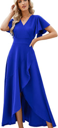 Long Black Formal Dresses for Women V Neck Wrap Ruffle (Style FVXT)
