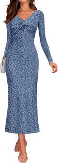 ZESICA Women's Fall Floral Long Sleeve Bodycon Dress - Elegant V Neck