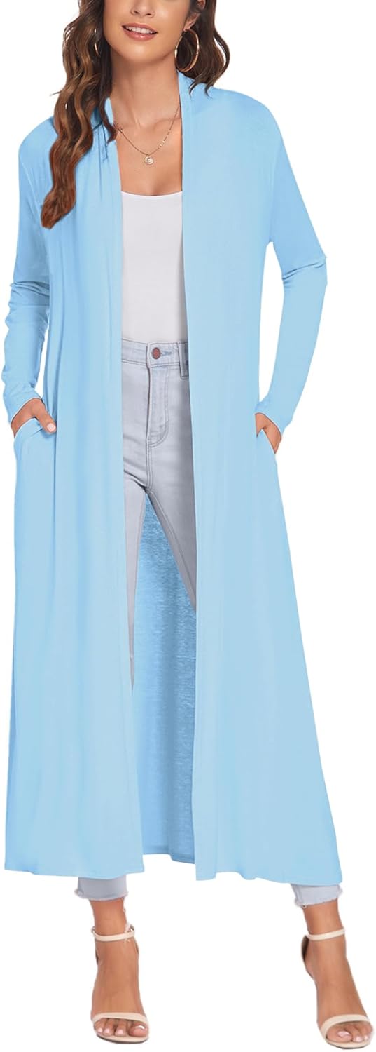 Bluetime Women Floor Length Open Front Cardigan with Pockets