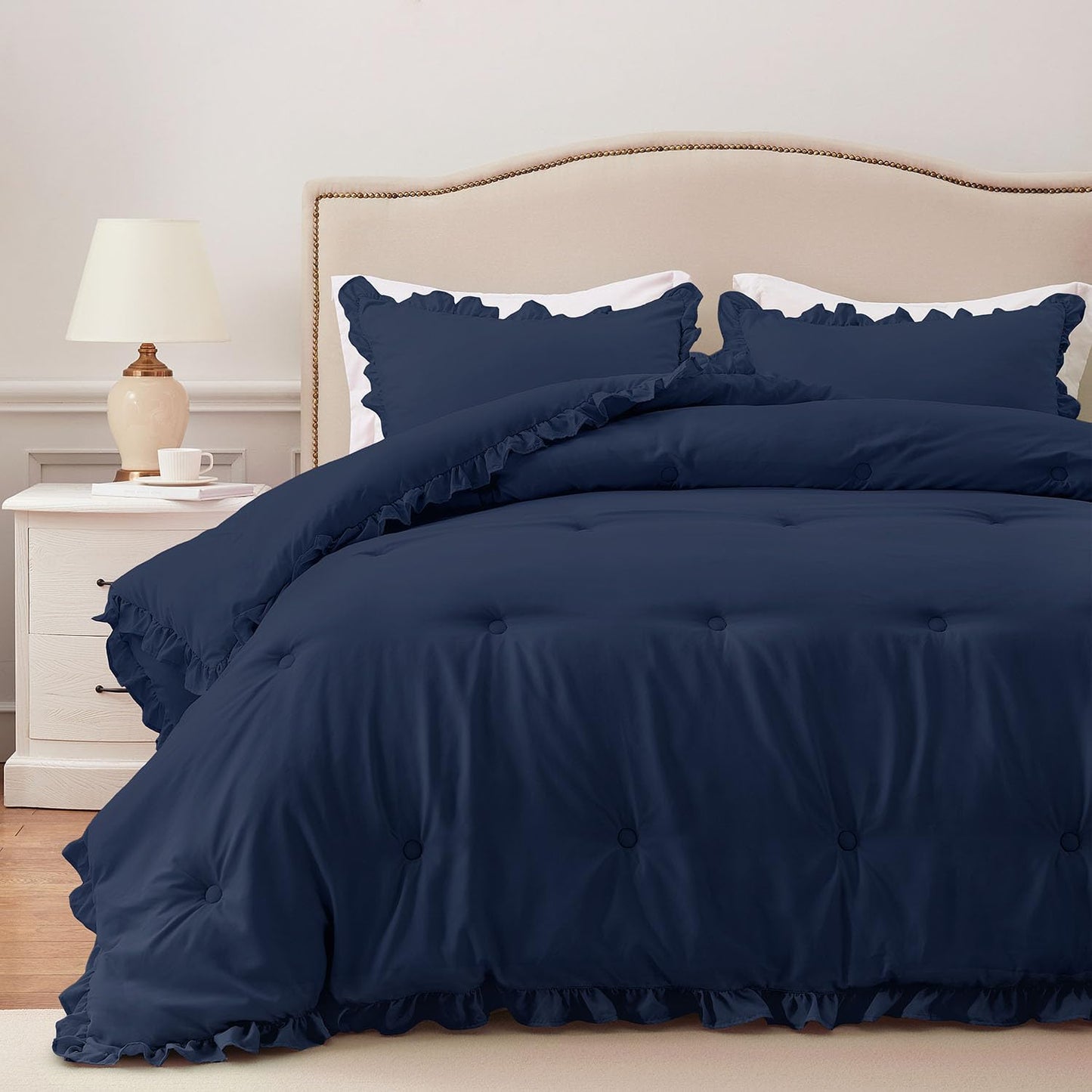 HARBOREST Queen Comforter Set - Navy Ruffle Bedding for All Seasons