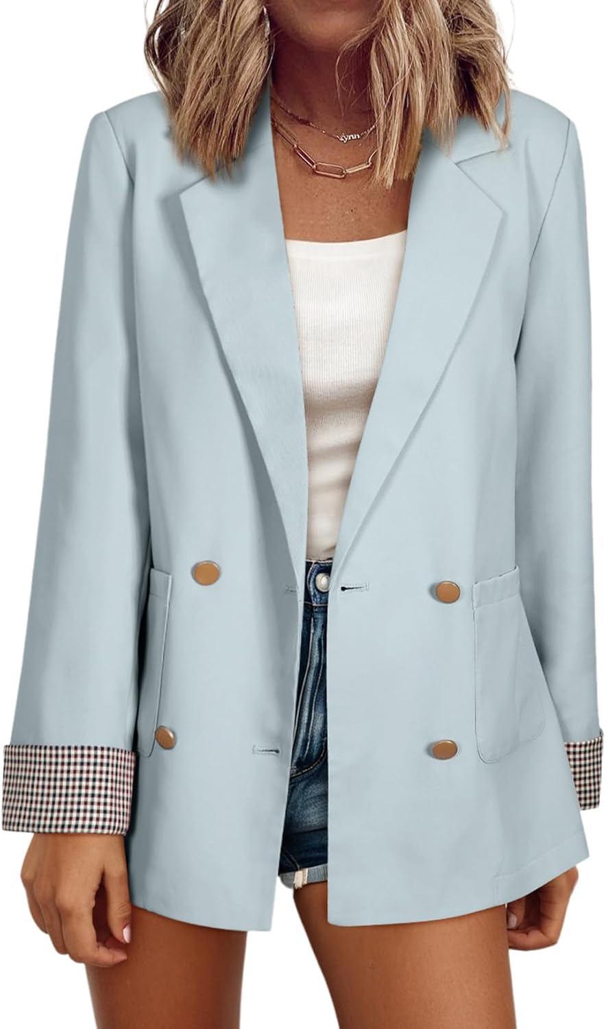 Stylish Womens Blazers with Plaid Cuff for Business Casual Wear