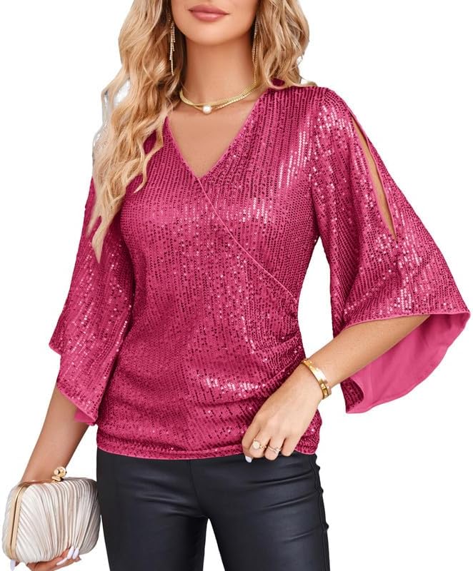 Sparkly Sequin Tops for Women - V-Neck Glitter Blouse