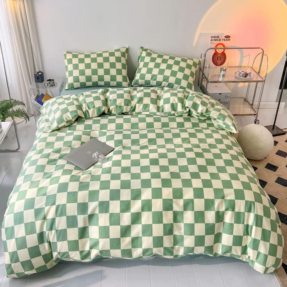 Green White Plaid Comforter Set Full Size for Modern Bedding