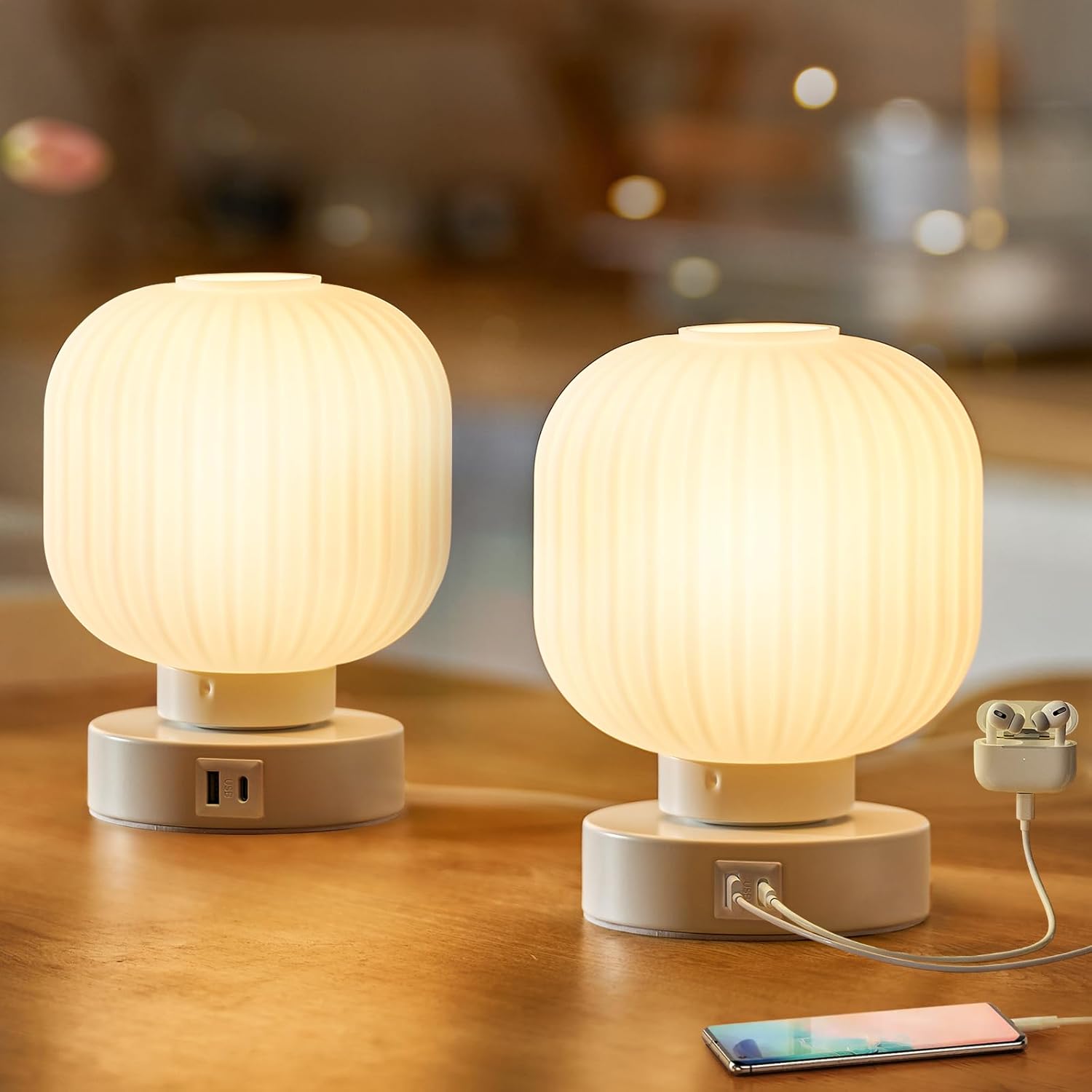 Touch Bedside Glass Table Lamp Set of 2 with Dimmable Light
