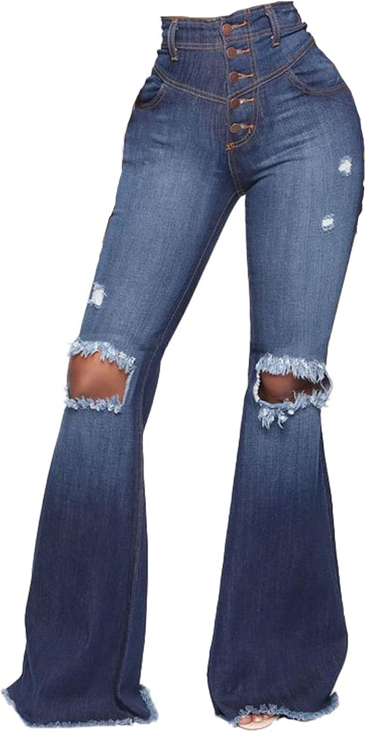 CuteCherry Bell Bottom Jeans for Women with Ripped Design
