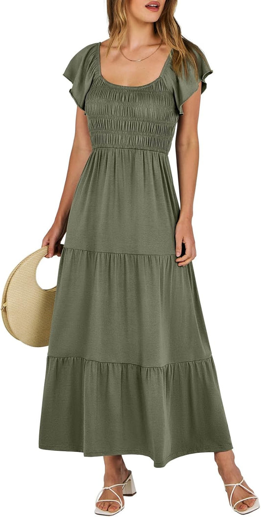 Womens Casual Summer Maxi Dress Flutter Short Sleeve A Line