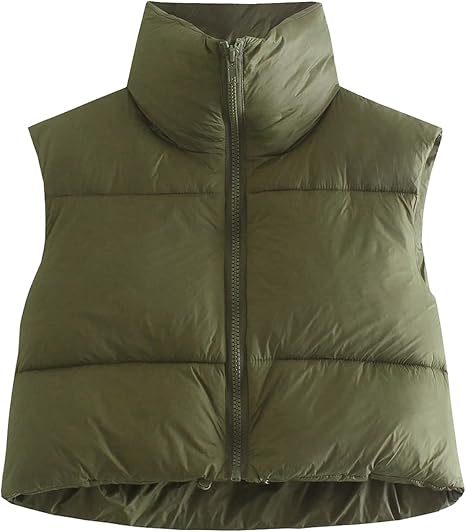 Shiyifa Women's Fashion High Neck Zipper Cropped Puffer Vest