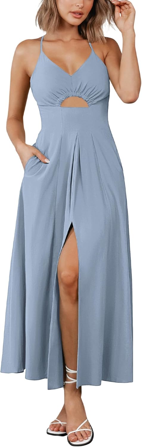BTFBM Women Summer Spaghetti Strap Midi Dress with Pockets