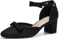 Chunky Suede Low Heels for Women - Bow Ankle Strap Pumps