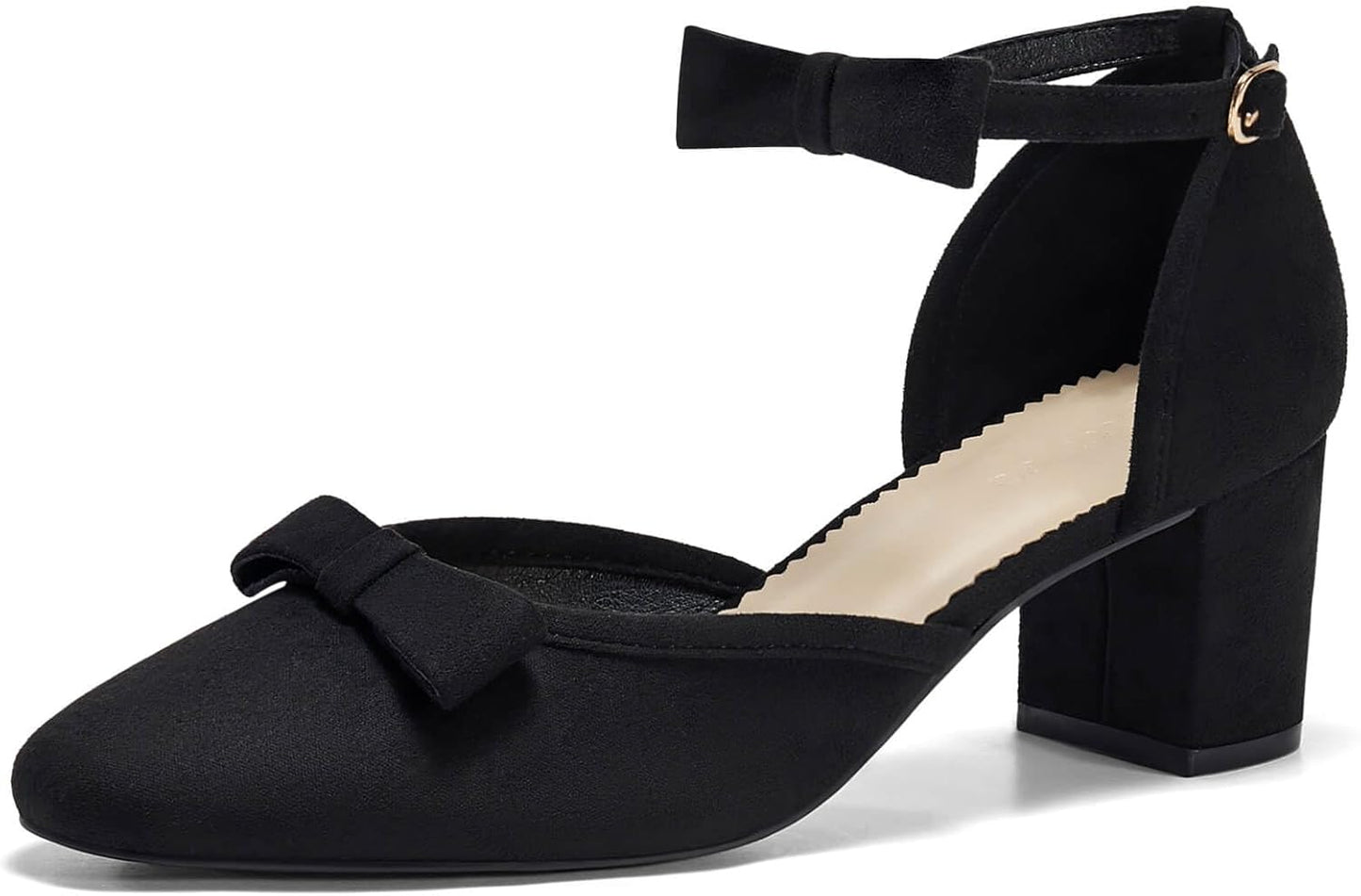Coutgo Womens Chunky Low Heels Bow Closed Toe Ankle Strap Pumps