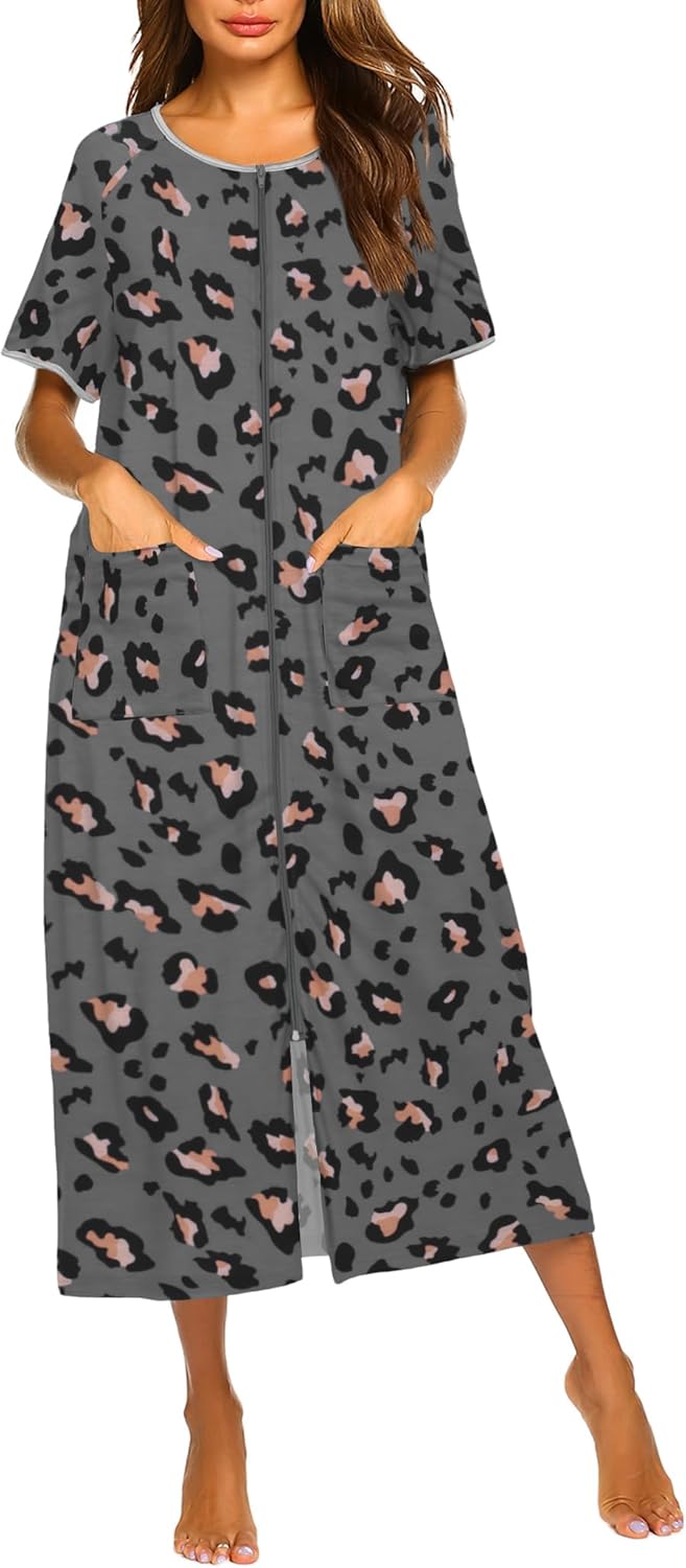 Ekouaer Women Robes Zipper Front Short Sleeve Full Length Housecoat