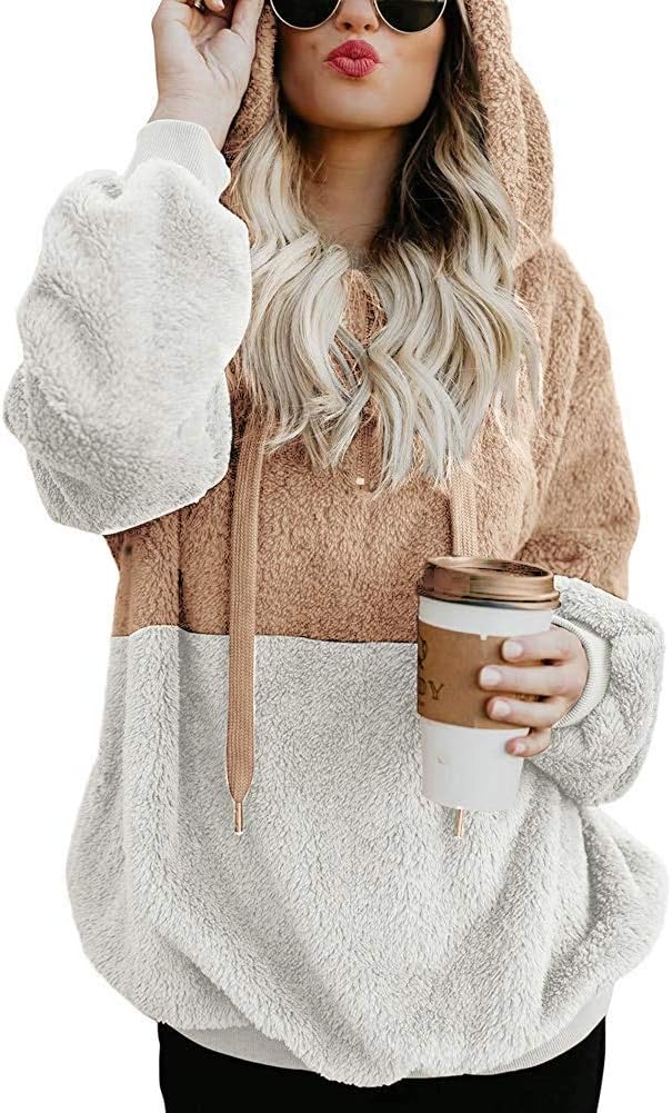 Women Casual Double Fuzzy Sweatshirt Cozy Zip Pullover Hoodies