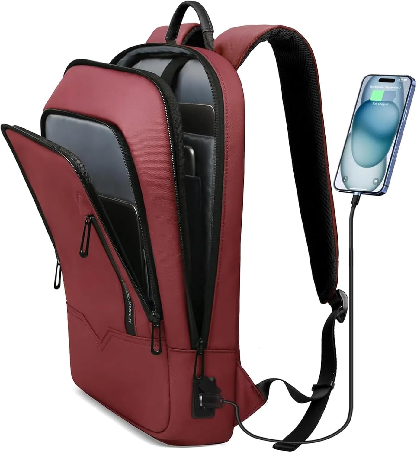 hk Slim Business Backpack with USB Charger for Men, Red