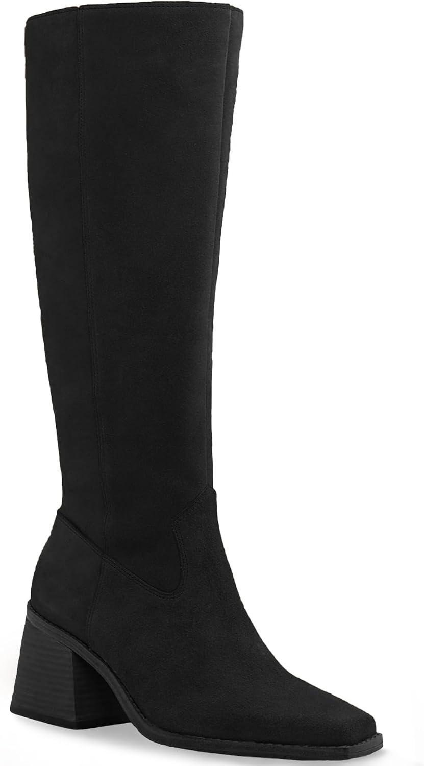 Coutgo Women's Knee High Boots for Wide Calf with Chunky Heel